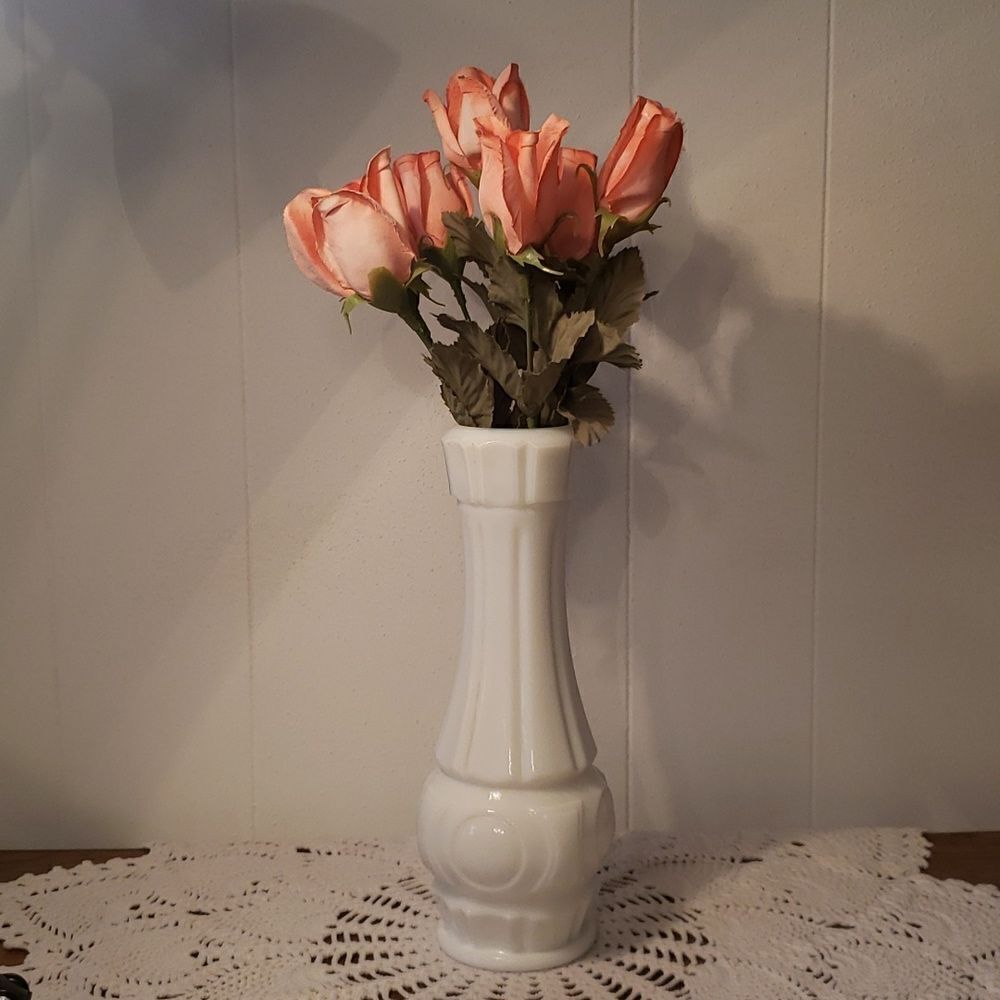 Pretty Vintage White Milk Glass Vase with Fabric Coral Roses